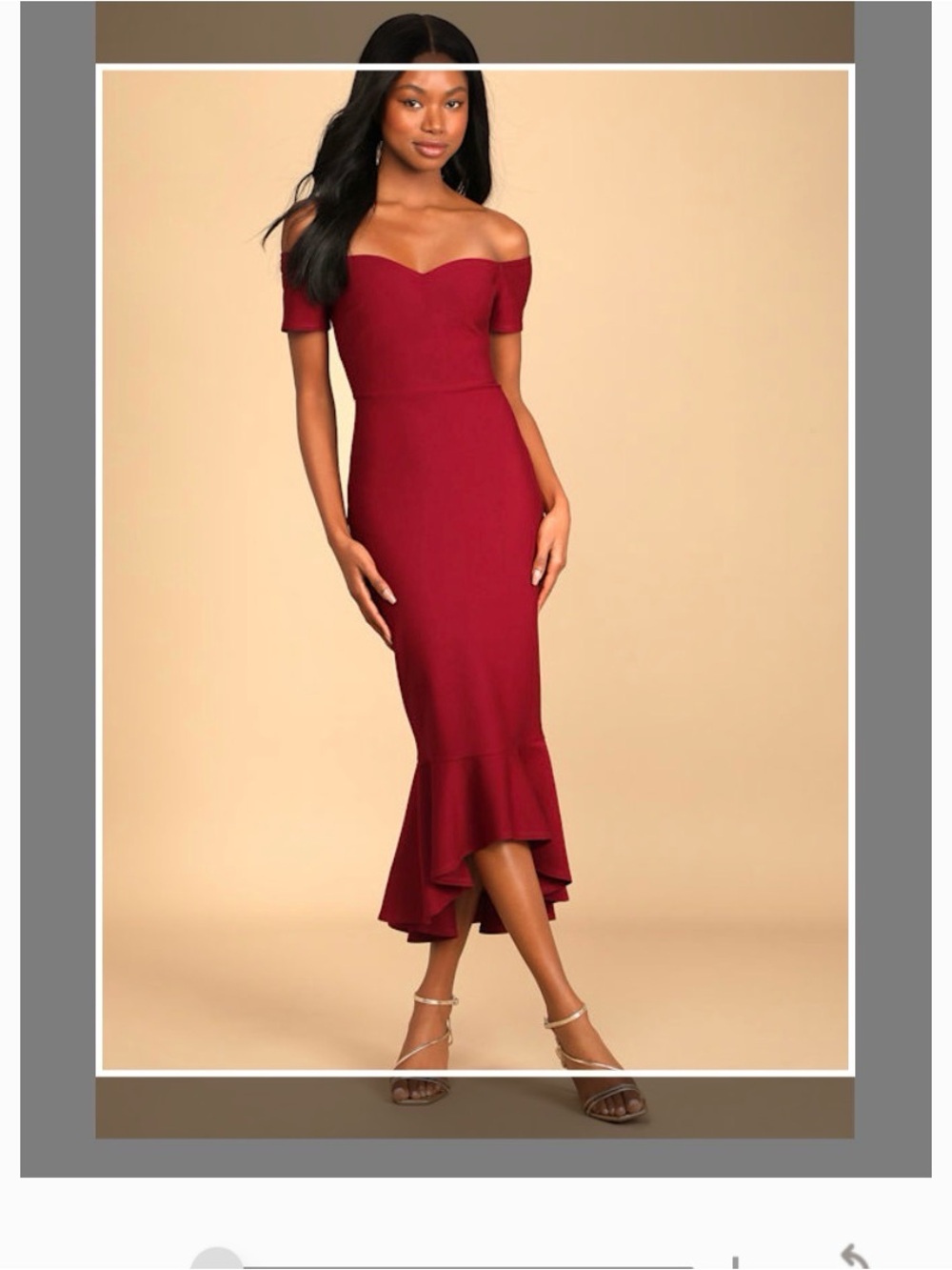 Lulu's Off-The-Shoulder Wine Red Midi Dress with Ruffle Hem